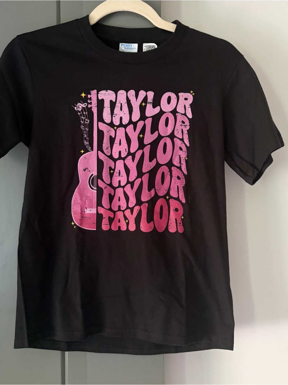 Black Kids' Taylor Graphic Tee with Pink Guitar Print